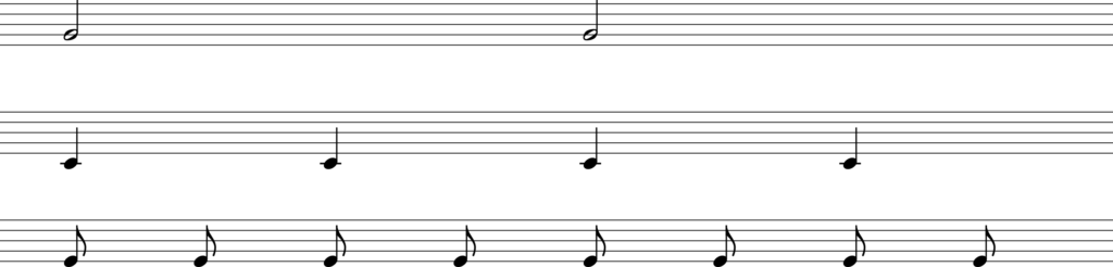 2 Minims, 4 crotchets, 8 quavers on a stave