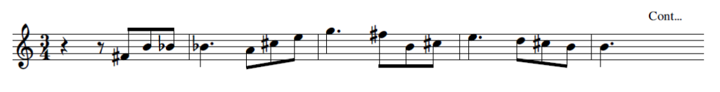 Musical excerpt in 3/4 showing a dotted crotchet followed by three quavers