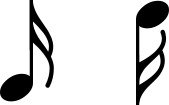 Two semiquavers, one with the stem pointing up and one with the stem pointing down