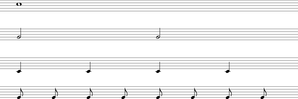1 semibreve, 2 minims, 4 crotchets and 8 quavers on a stave